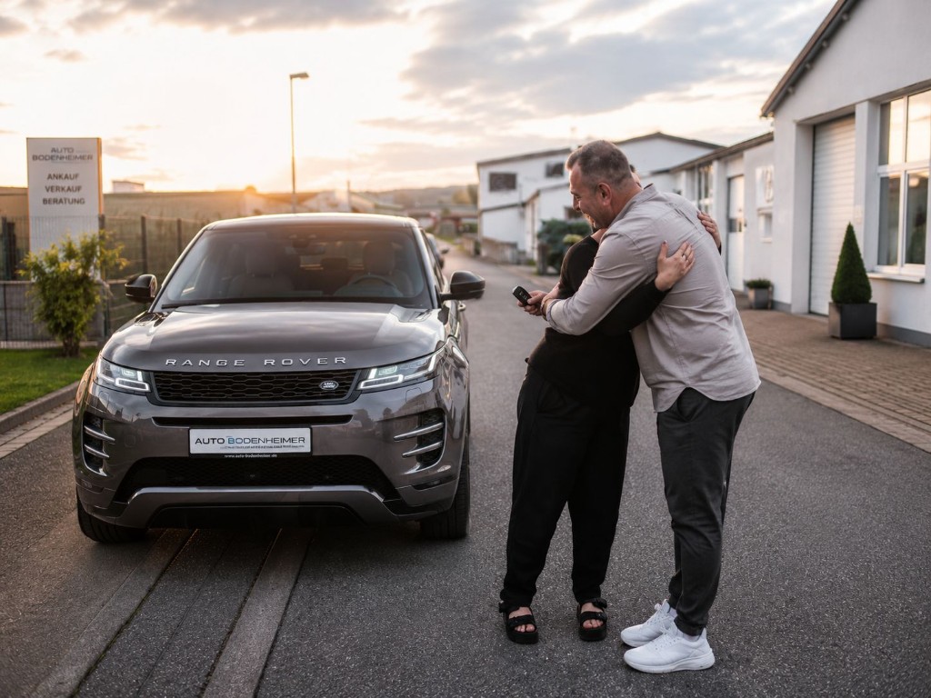 Zufriedene Kundin und Auto-Bodenheimer Team nach KFZ-Verkauf am Standort